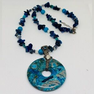Blue Agate Donut Pendant Necklace, Sterling silver